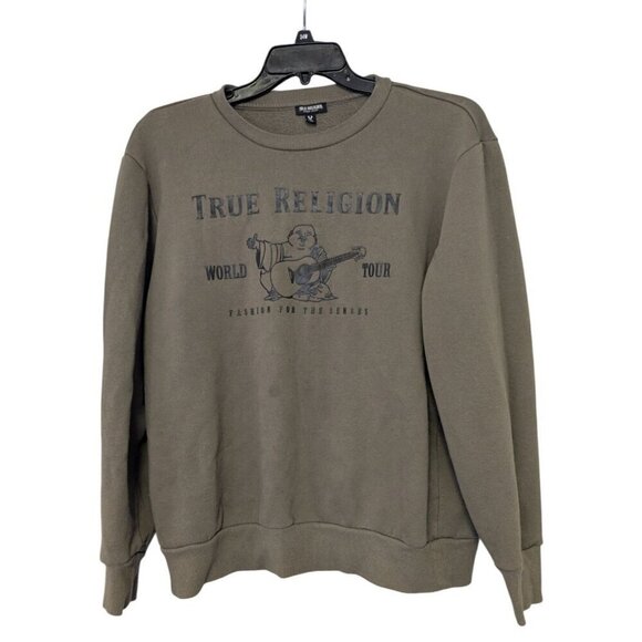 True Religion Mens L Green Sweatshirt Buddha World Tour Mens Size Large *READ* - Picture 1 of 6